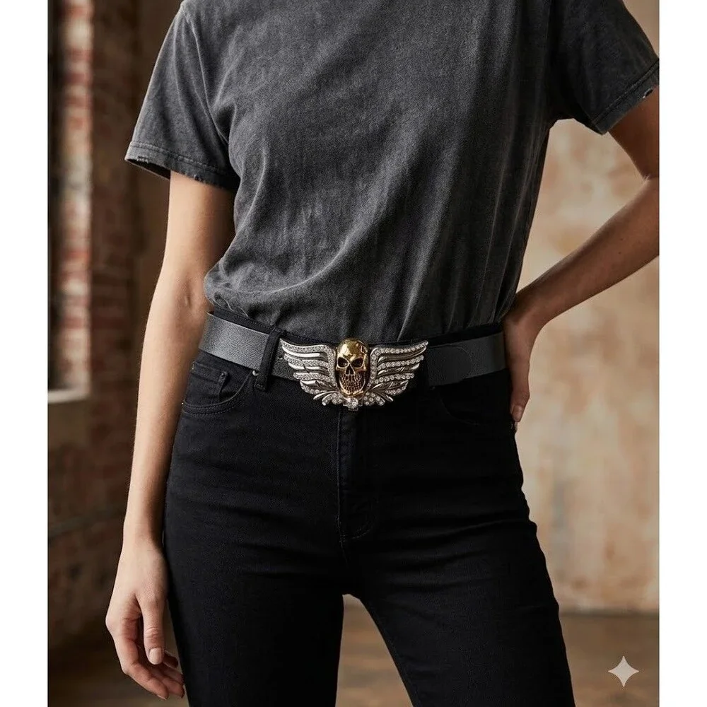 Washed Up Hollywood Gold Skull Rhinestone Winged Belt Genuine Leather Made USA
